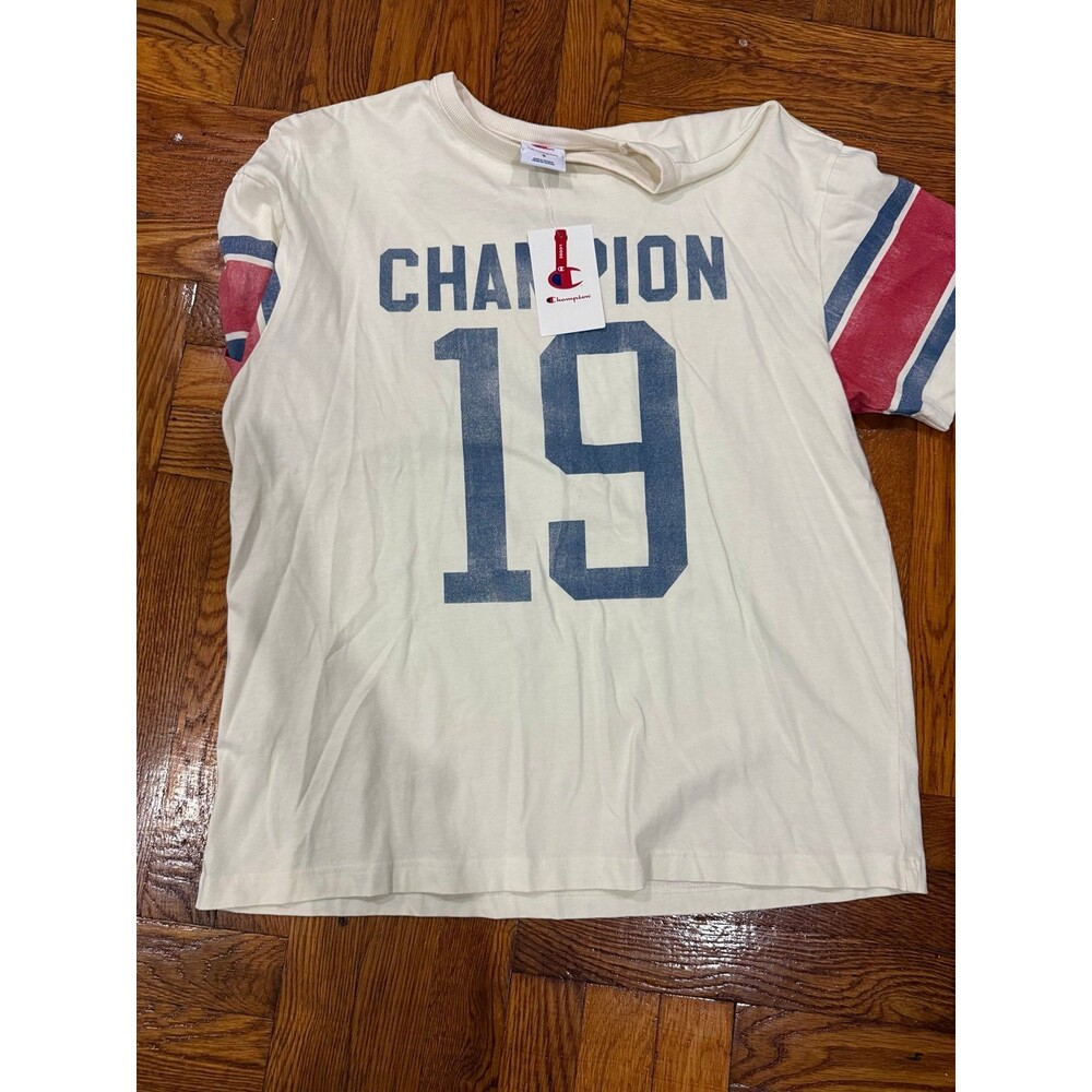 Champion 19 Football Jersey T Shirt Cream White Red Blue Stripes Mens S NWT
